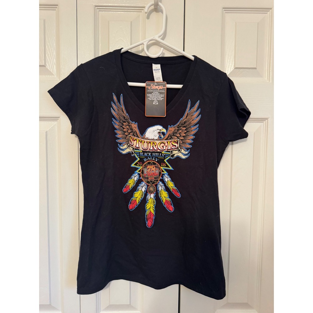 Gildan Sturgis Black Hills Rally 2018 V-Neck T-Shirt Black Eagle Large NWT
